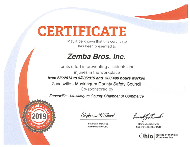 Zemba Bros Inc Safety Council Award
